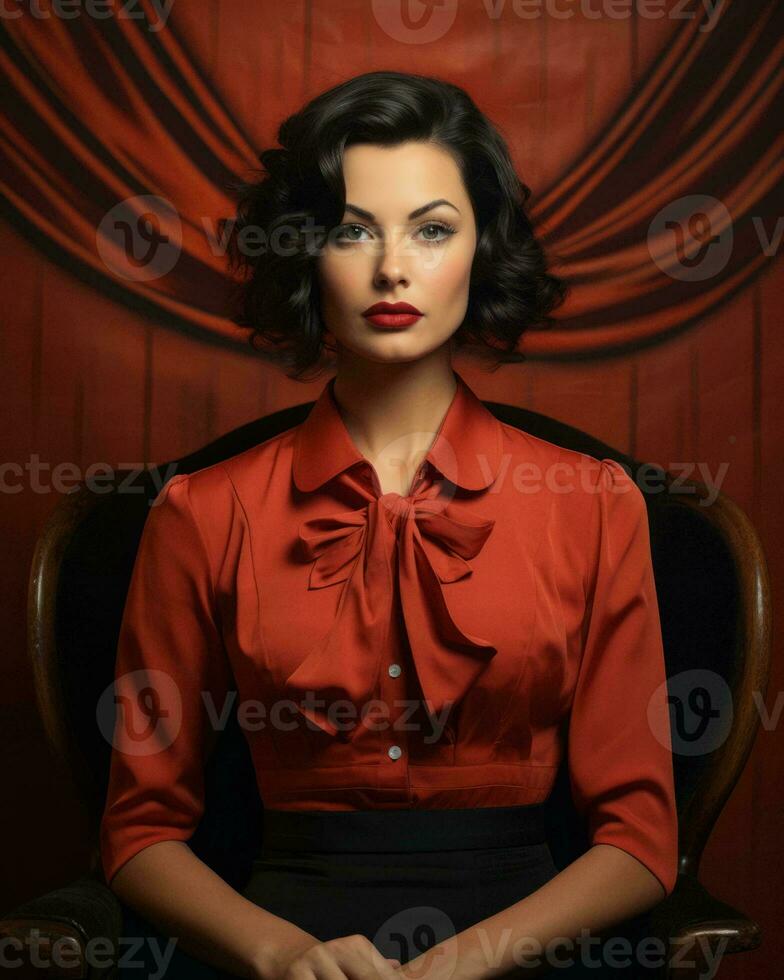 a woman in a red blouse and black skirt sitting on a chair generative ai photo