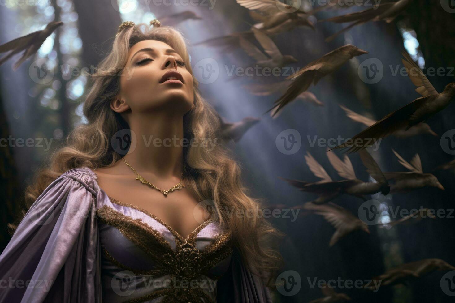 a woman in a purple dress surrounded by birds generative ai photo
