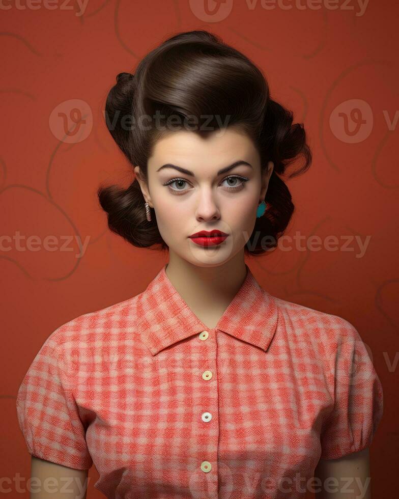 a woman in a red checkered shirt and red lipstick generative ai photo