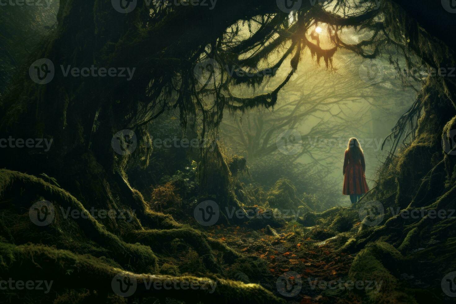 a woman in a red cloak stands in the middle of a dark forest generative ai photo