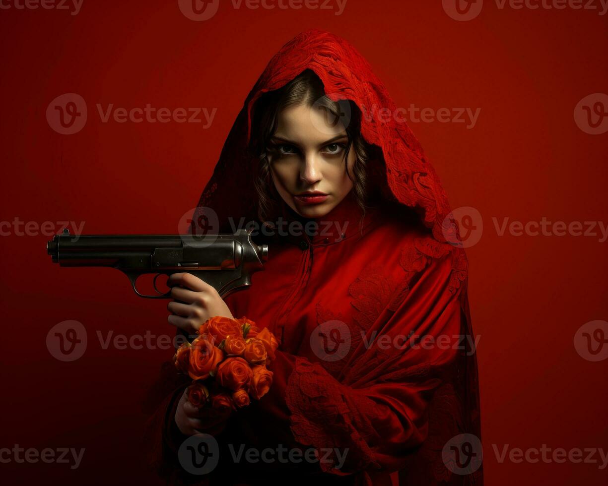a woman in a red dress holding a gun generative ai photo