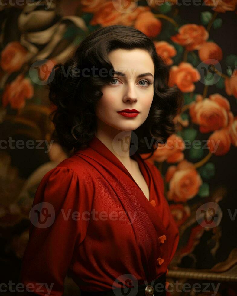 a woman in a red dress posing for a photo generative ai