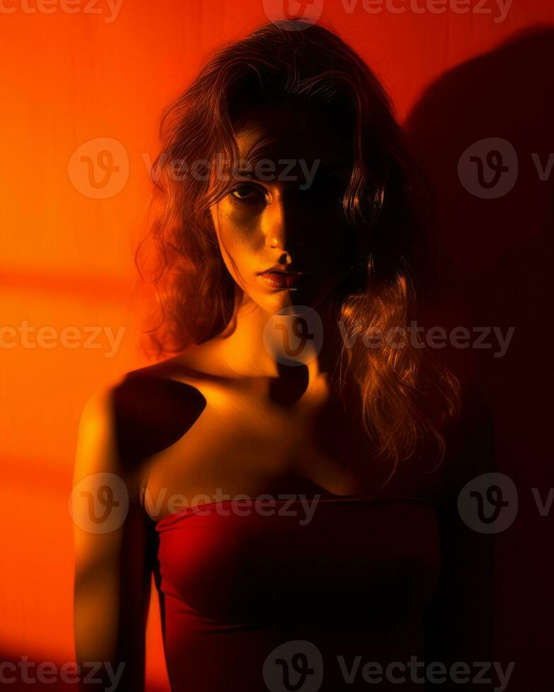 a woman in a red dress is standing in front of a window generative ai photo