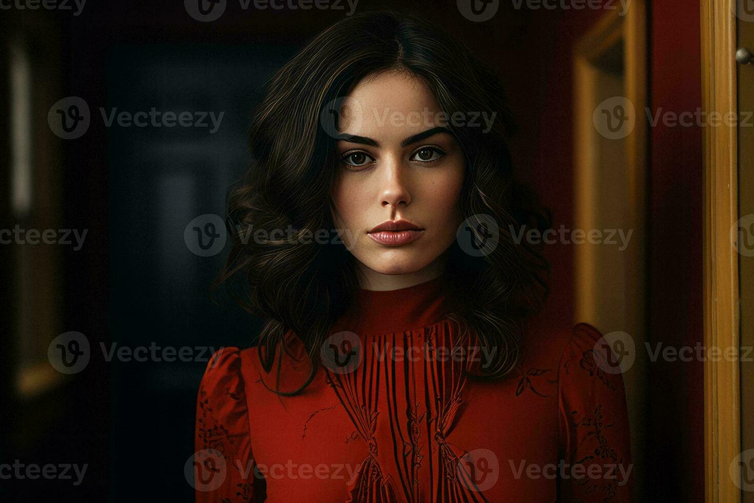 a woman in a red dress standing in front of a door generative ai photo