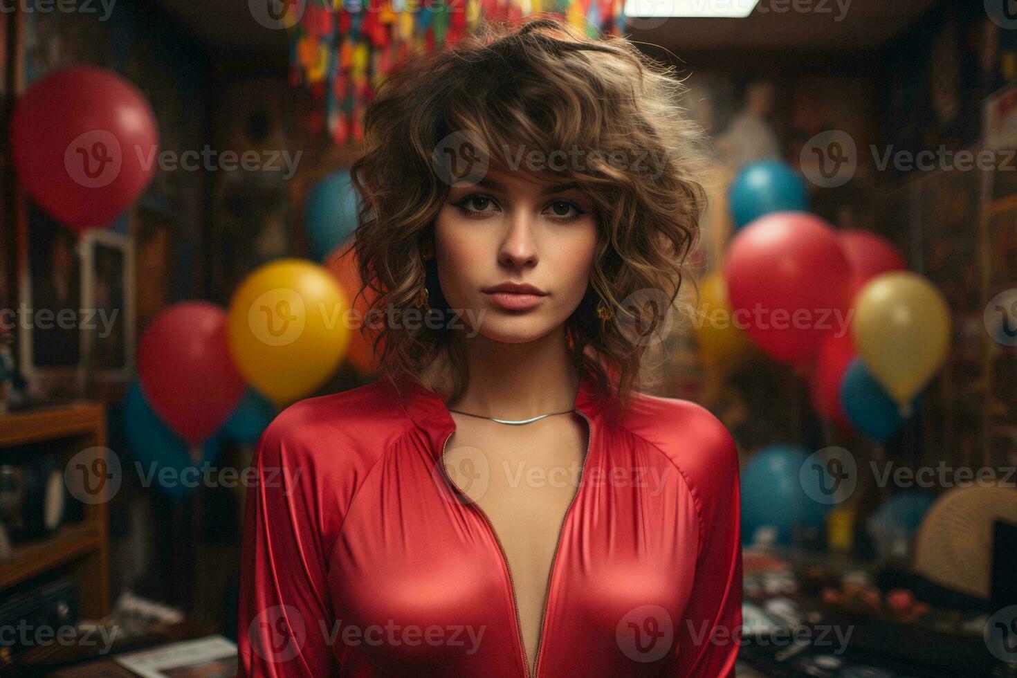 a woman in a red dress standing in front of balloons generative ai photo