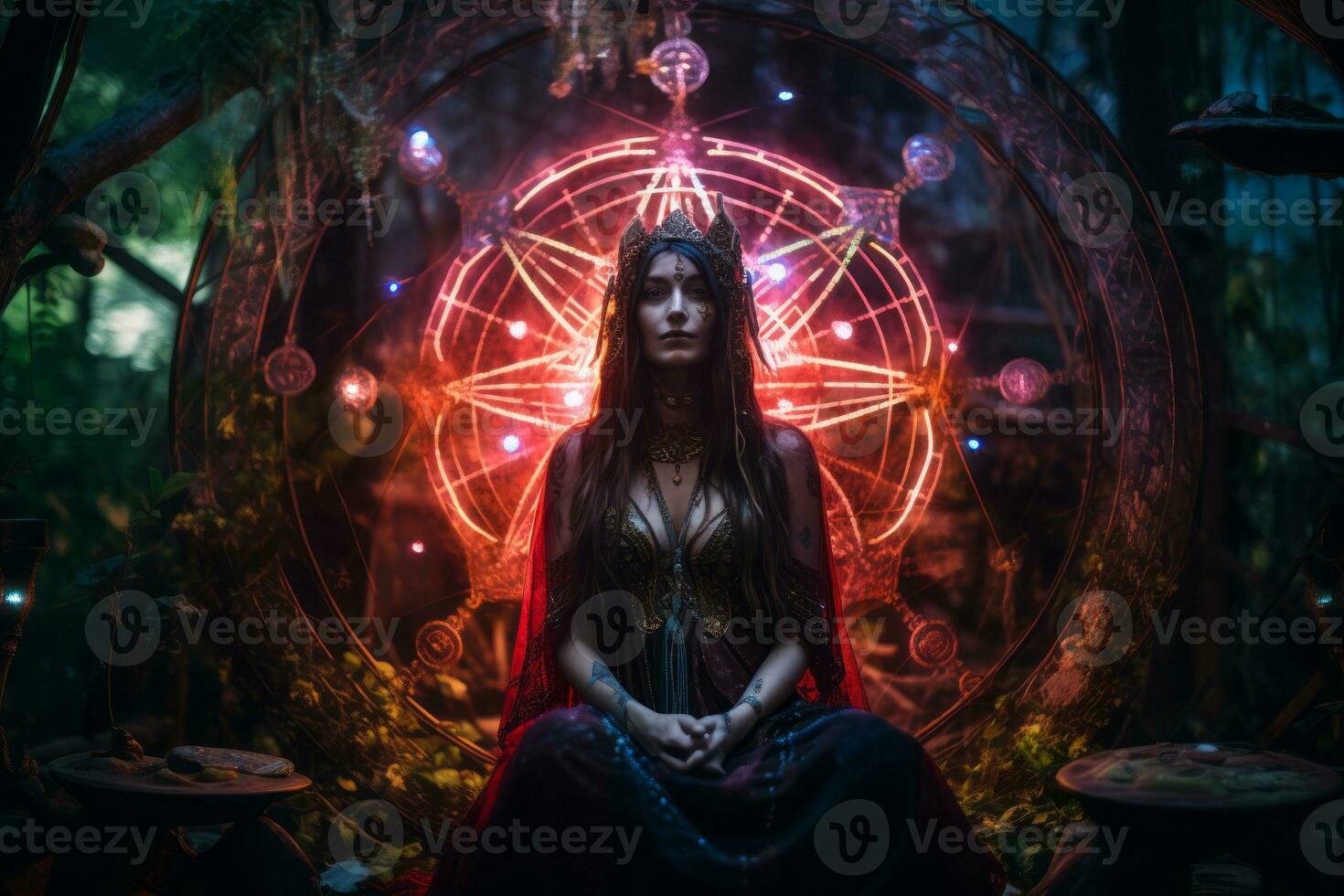 a woman in a red dress sitting in front of a circle of lights generative ai photo