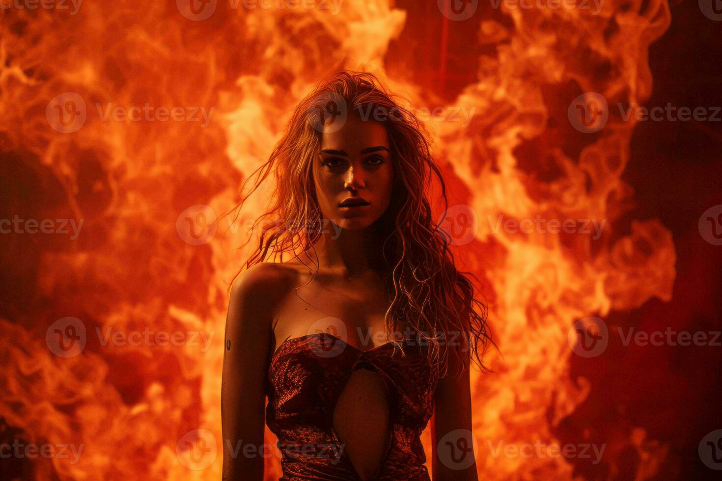 a woman in a red dress standing in front of flames generative ai photo