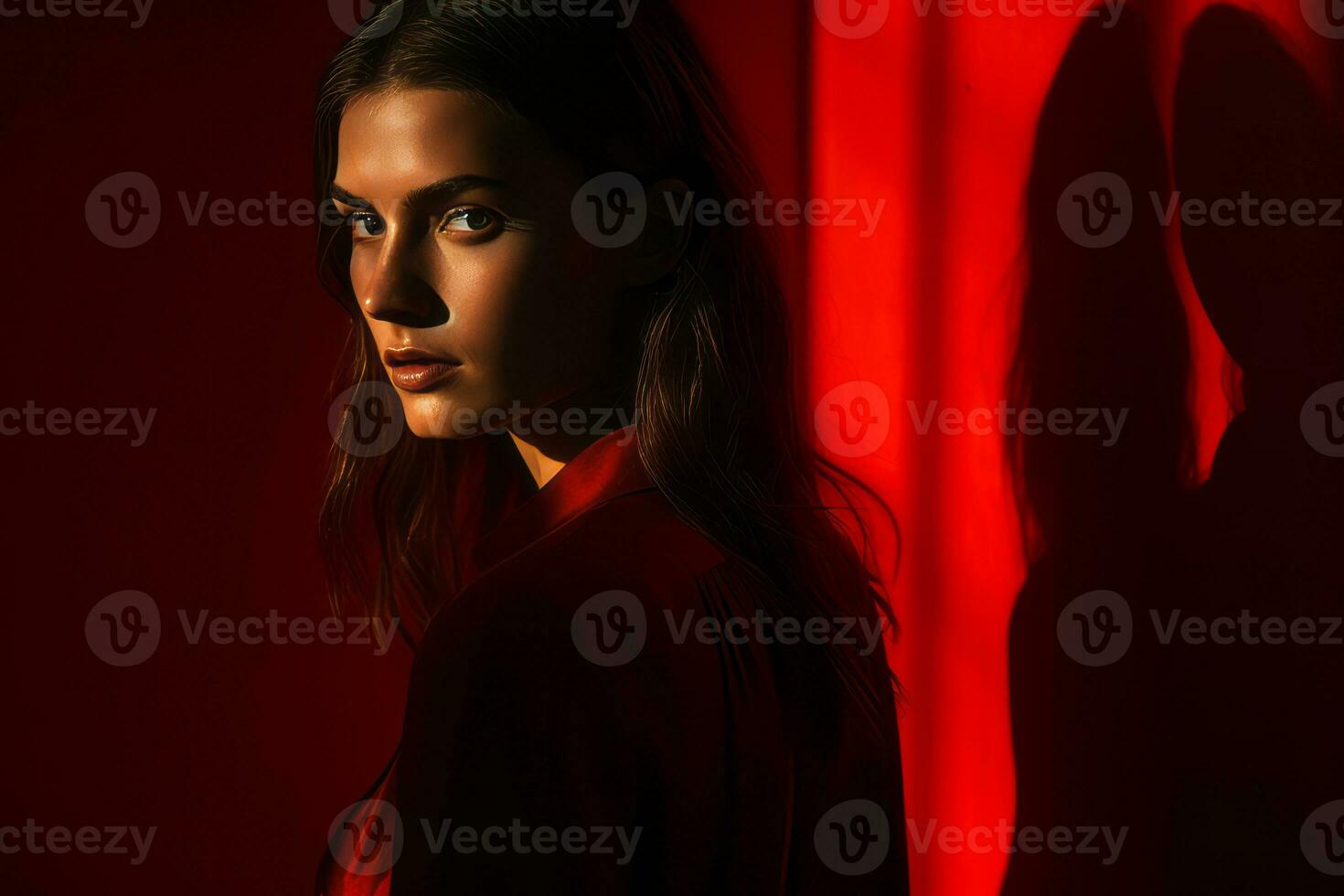 a woman in a red dress standing in front of a red curtain generative ai photo