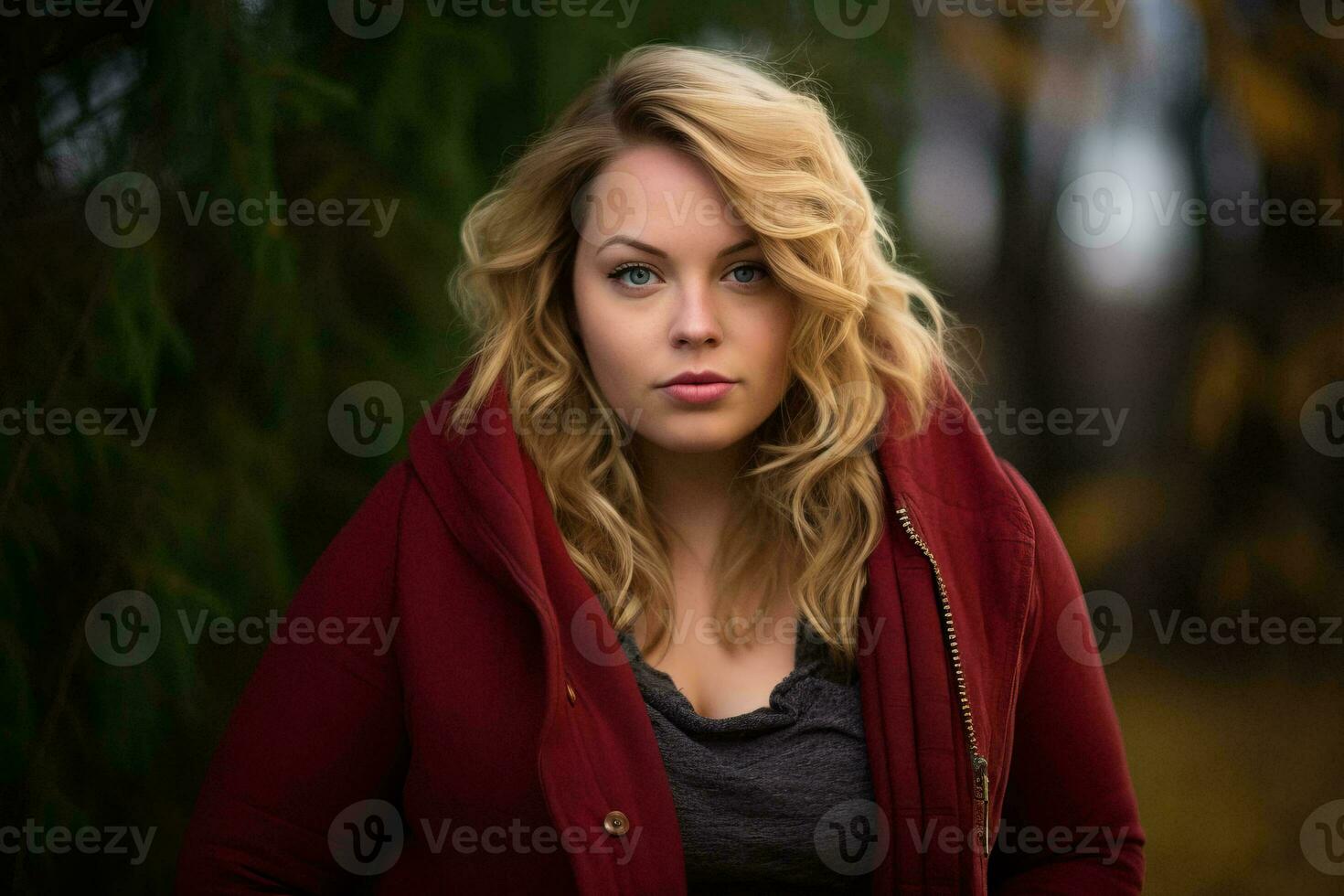 a woman in a red jacket posing for a portrait generative ai photo