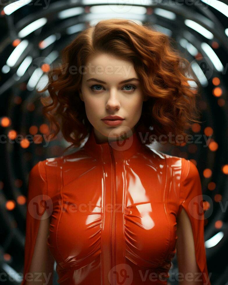 a woman in a red latex dress standing in front of an orange background generative ai photo