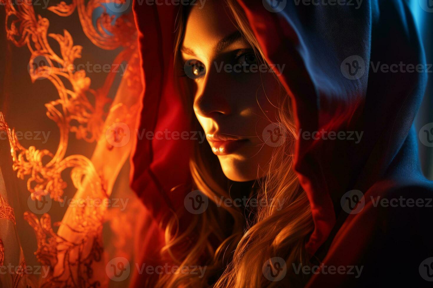 a woman in a red hooded cloak is looking out the window generative ai photo