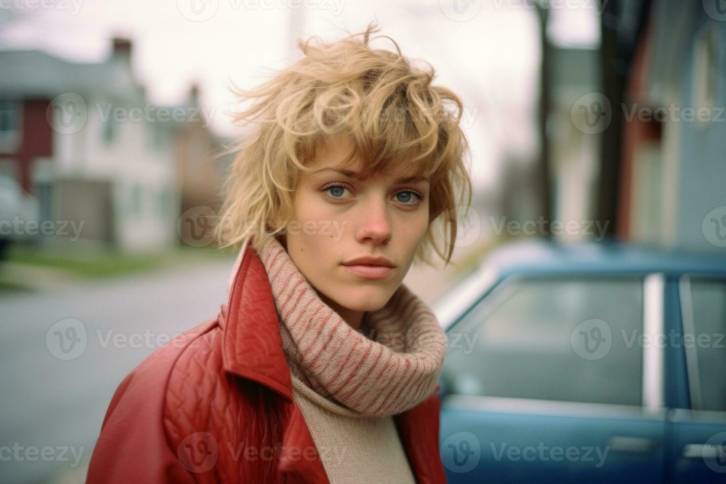 a woman in a red jacket and scarf standing in front of a car generative ai photo