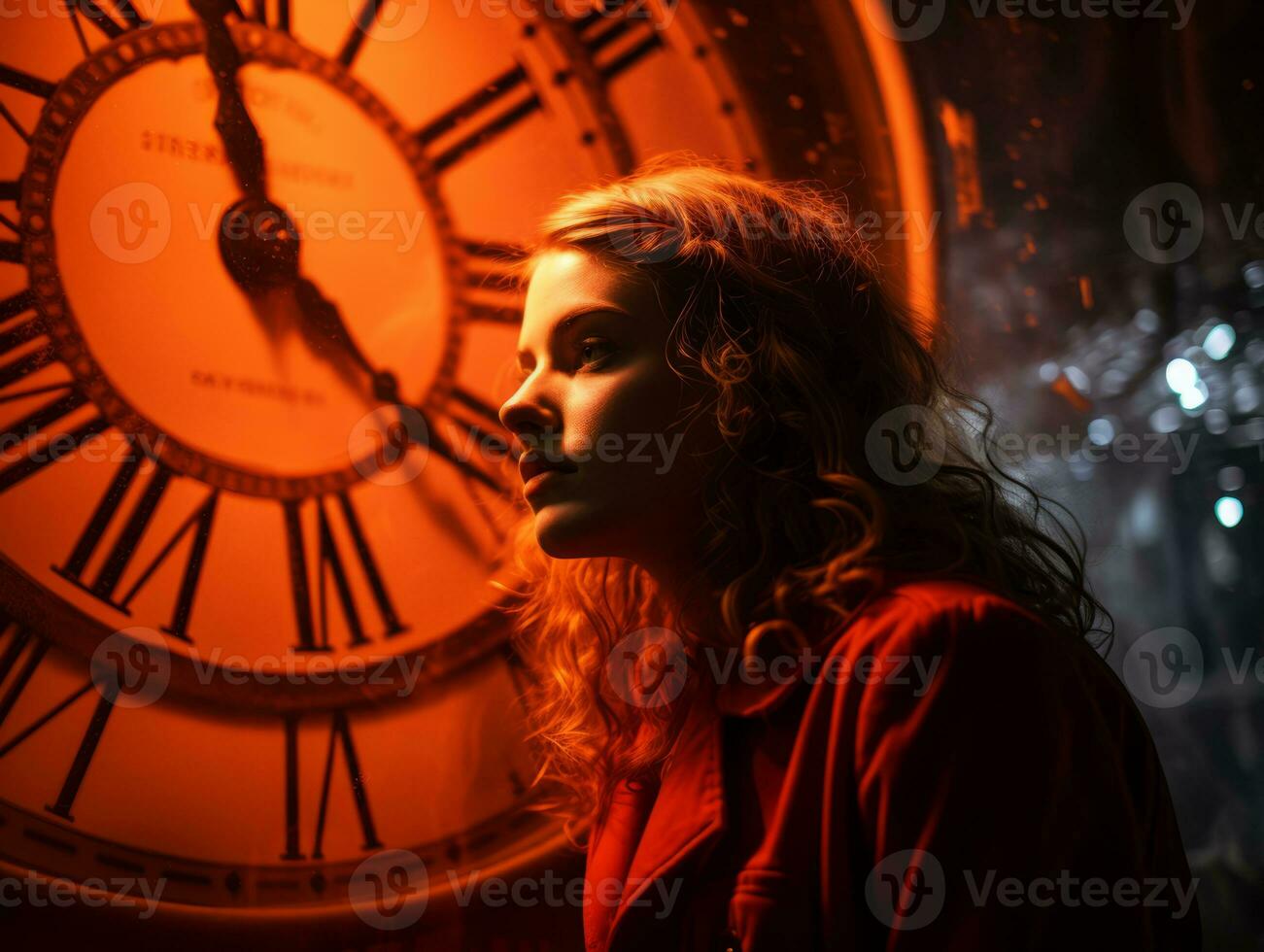a woman in a red jacket looking at a large clock generative ai photo