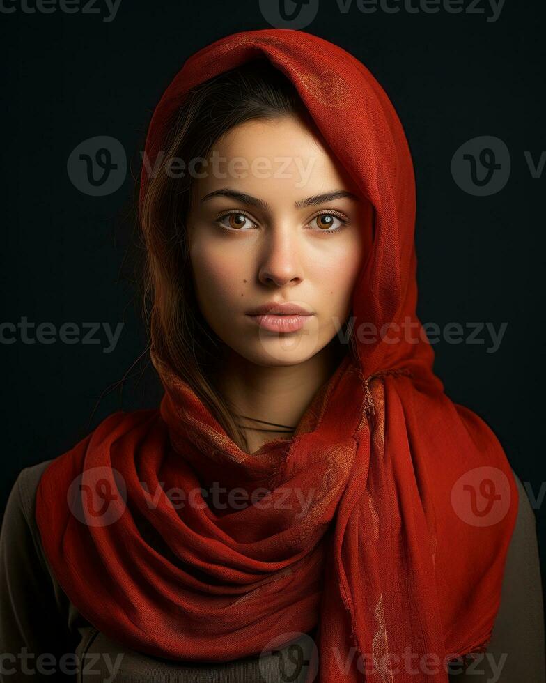 a woman in a red scarf on a dark background generative ai photo