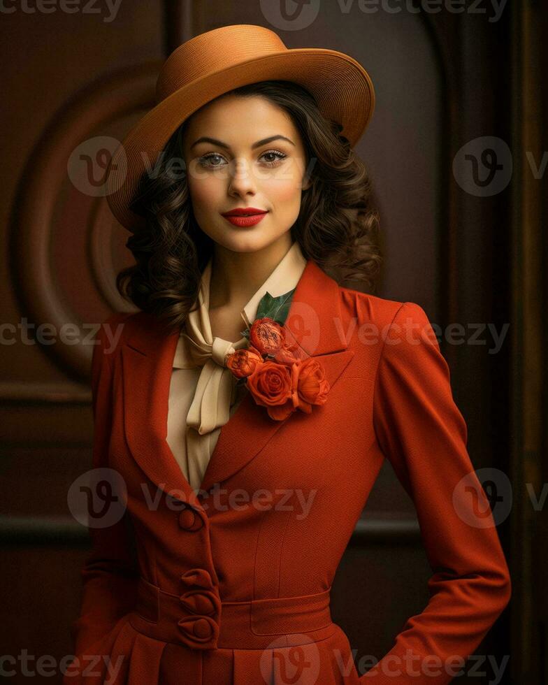 a woman in a red suit and hat posing for the camera generative ai photo