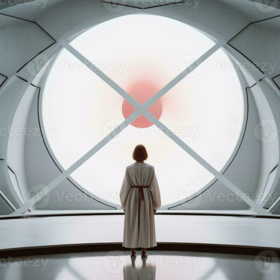 a woman in a robe stands in front of a large circular window generative ai photo