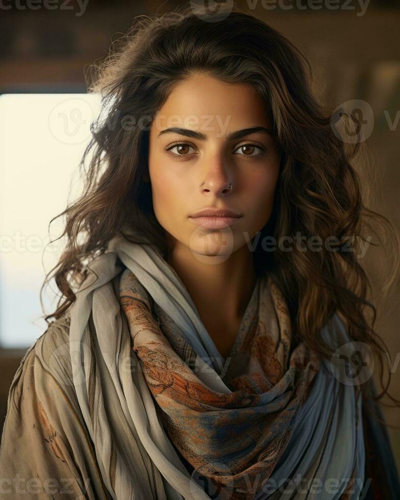 a woman in a scarf is looking at the camera generative ai photo