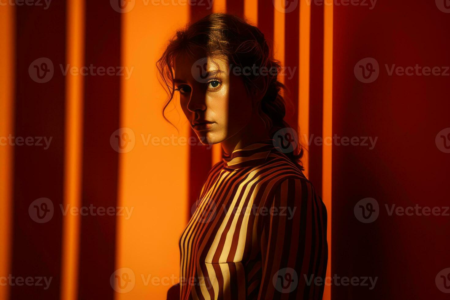 a woman in a striped shirt is standing in front of a wall of orange light generative ai photo