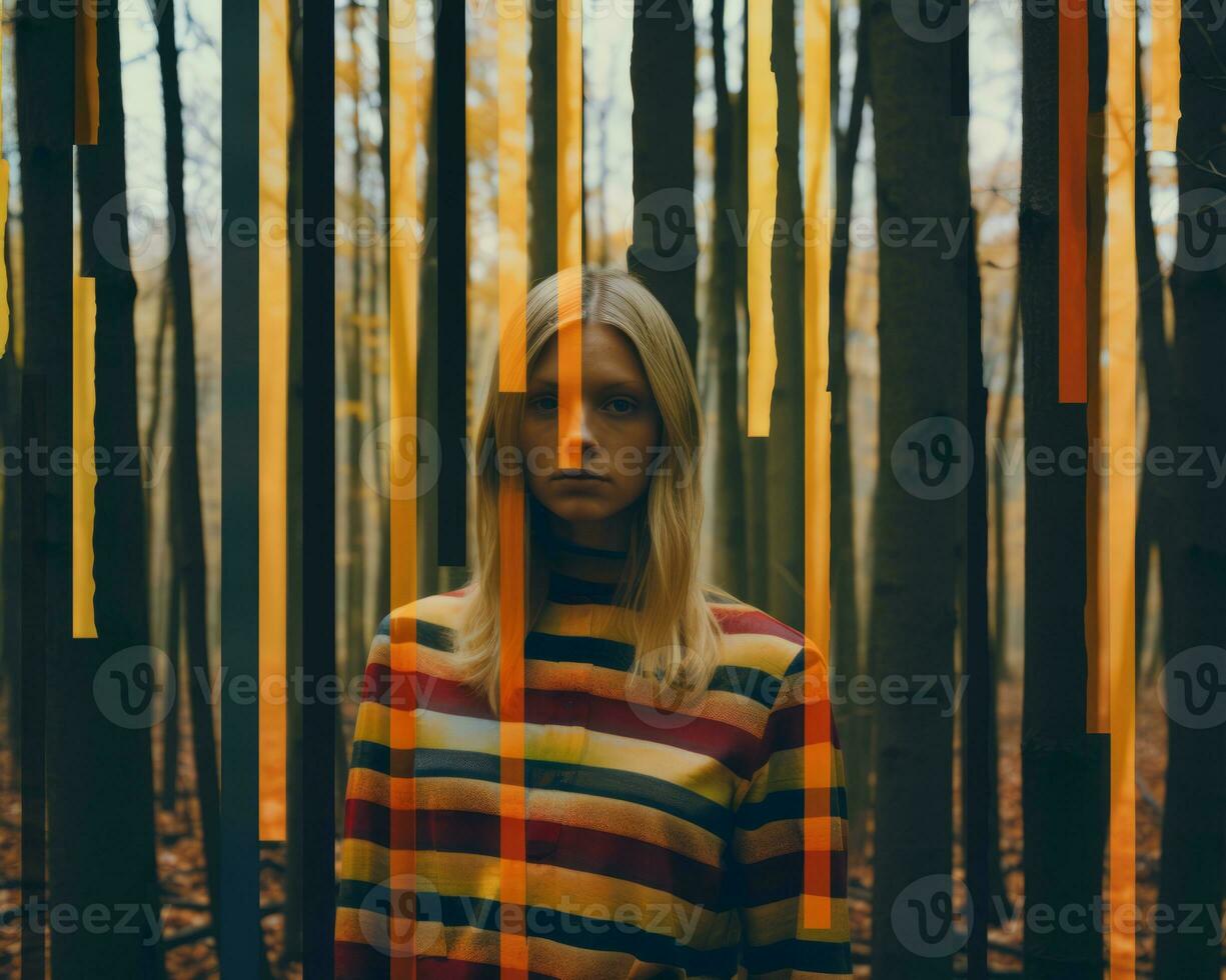 a woman in a striped shirt standing in a forest generative ai photo