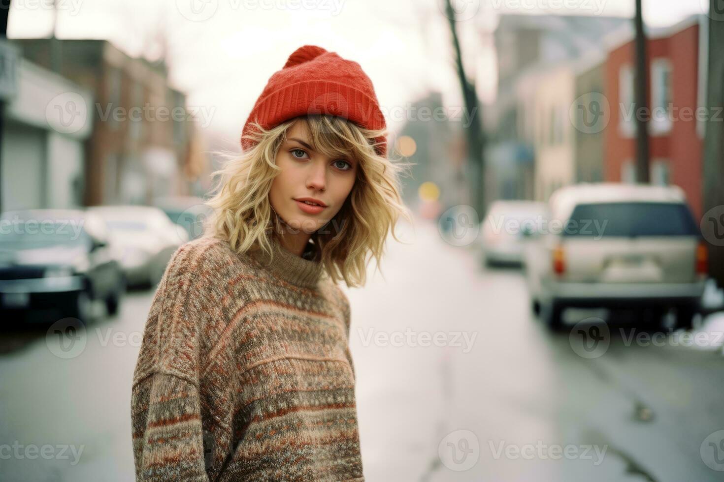 a woman in a sweater and red beanie standing on the street generative ai photo