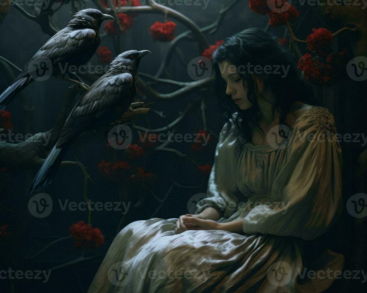a woman in a white dress sits on a branch with two crows generative ai photo