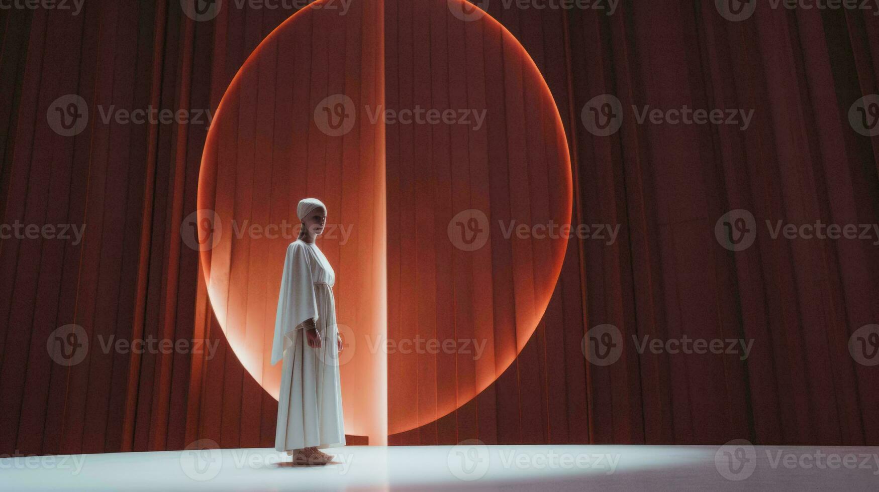 a woman in a white dress standing in front of a large circular light generative ai photo