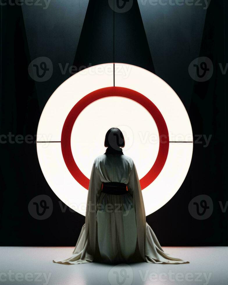 a woman in a white robe sitting in front of a circular light generative ai photo