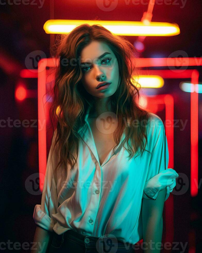a woman in a white shirt standing in front of neon lights generative ai photo