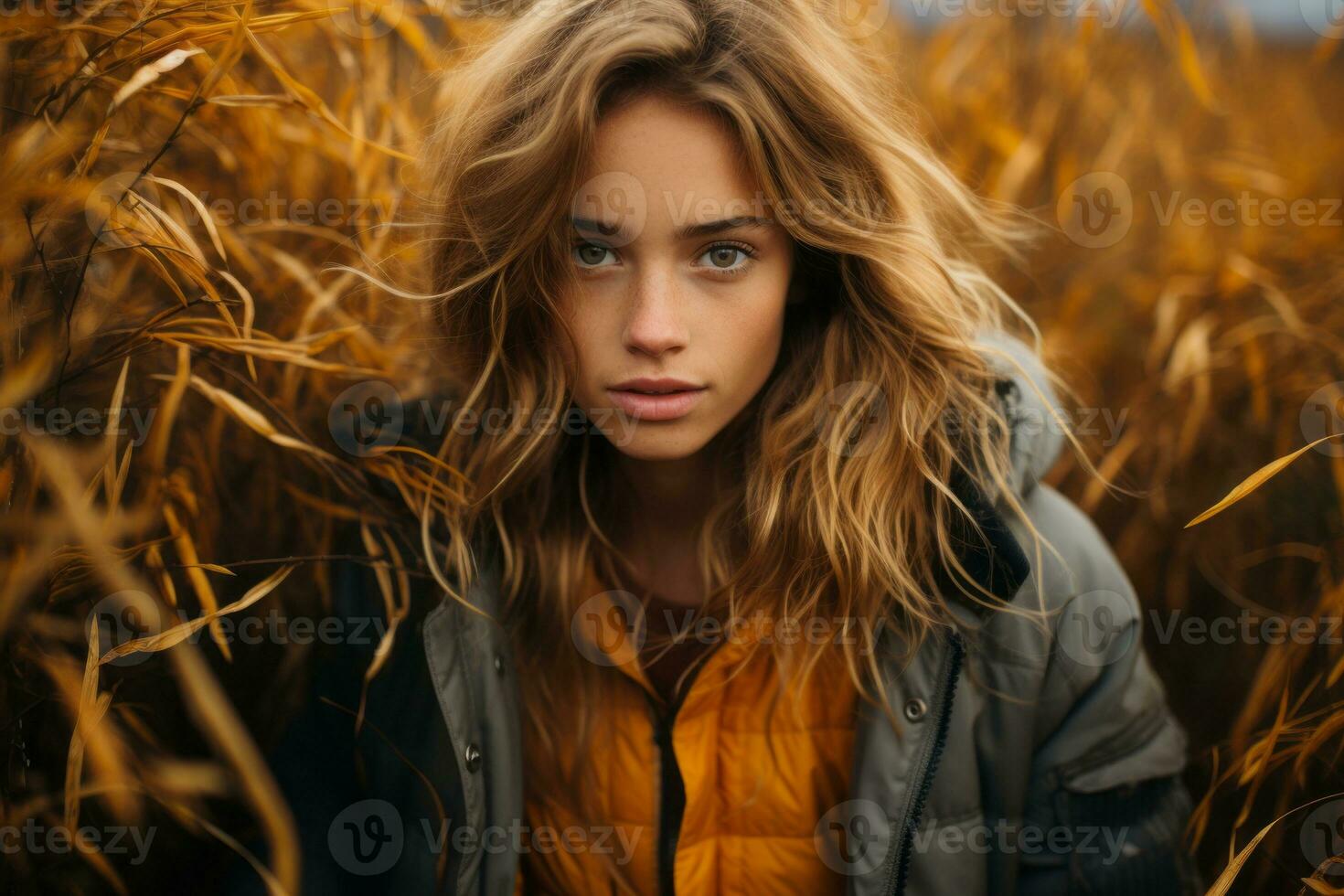 a woman in a yellow jacket standing in a field generative ai photo