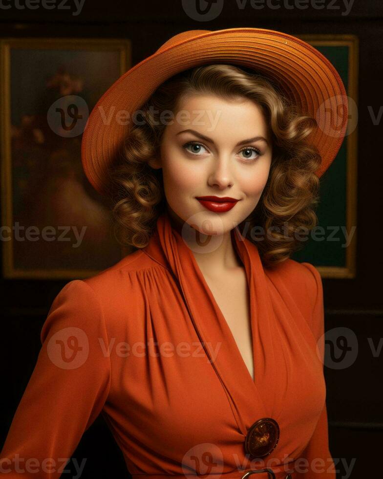 a woman in an orange dress and hat posing for the camera generative ai photo