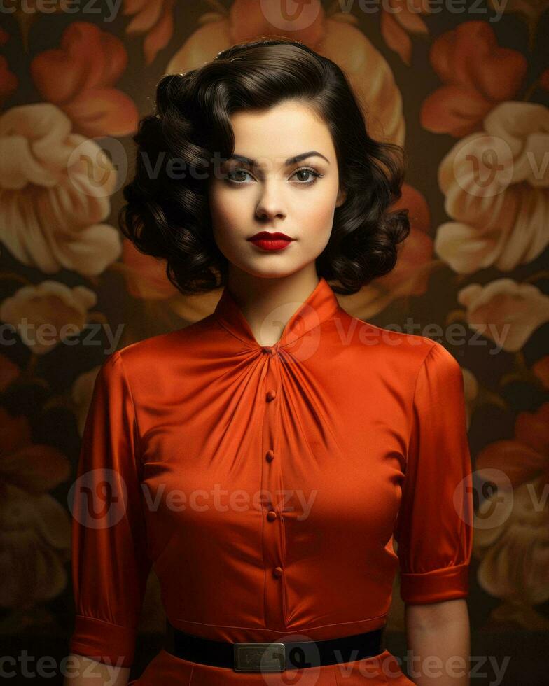 a woman in an orange dress posing for the camera generative ai photo