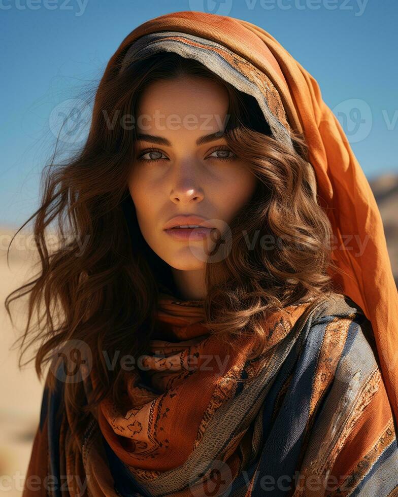 a woman in an orange shawl in the desert generative ai photo