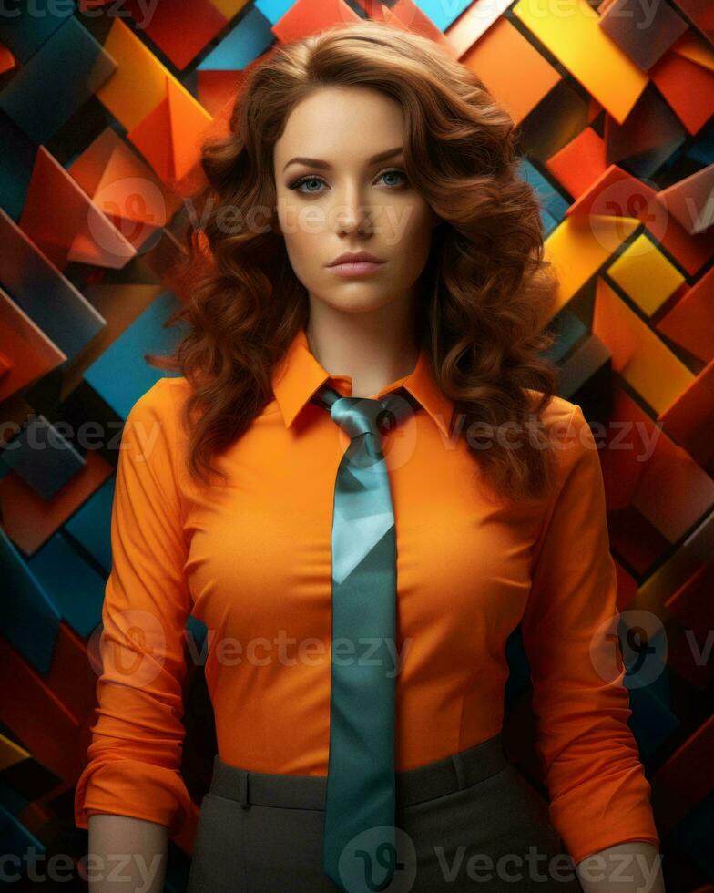 un mujer en un naranja camisa y Corbata en pie en frente de un vistoso antecedentes generativo ai 28378960 Foto de stock en Vecteezy