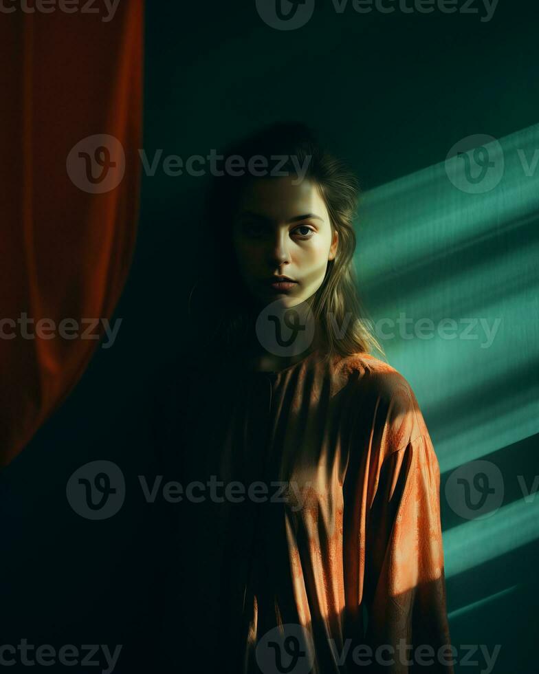 a woman in an orange shirt is standing in front of a wall generative ai photo