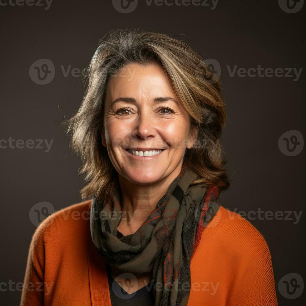 a woman in an orange sweater and scarf smiling generative ai photo