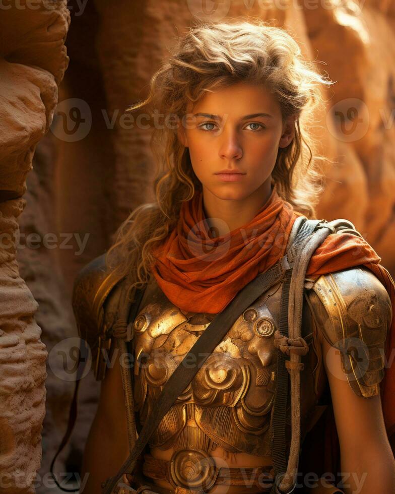 a woman in armor standing in the desert generative ai photo