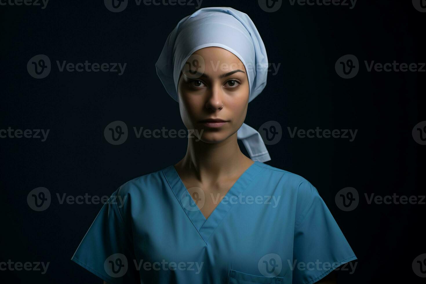 a woman in scrubs and a scrub cap on a dark background generative ai photo