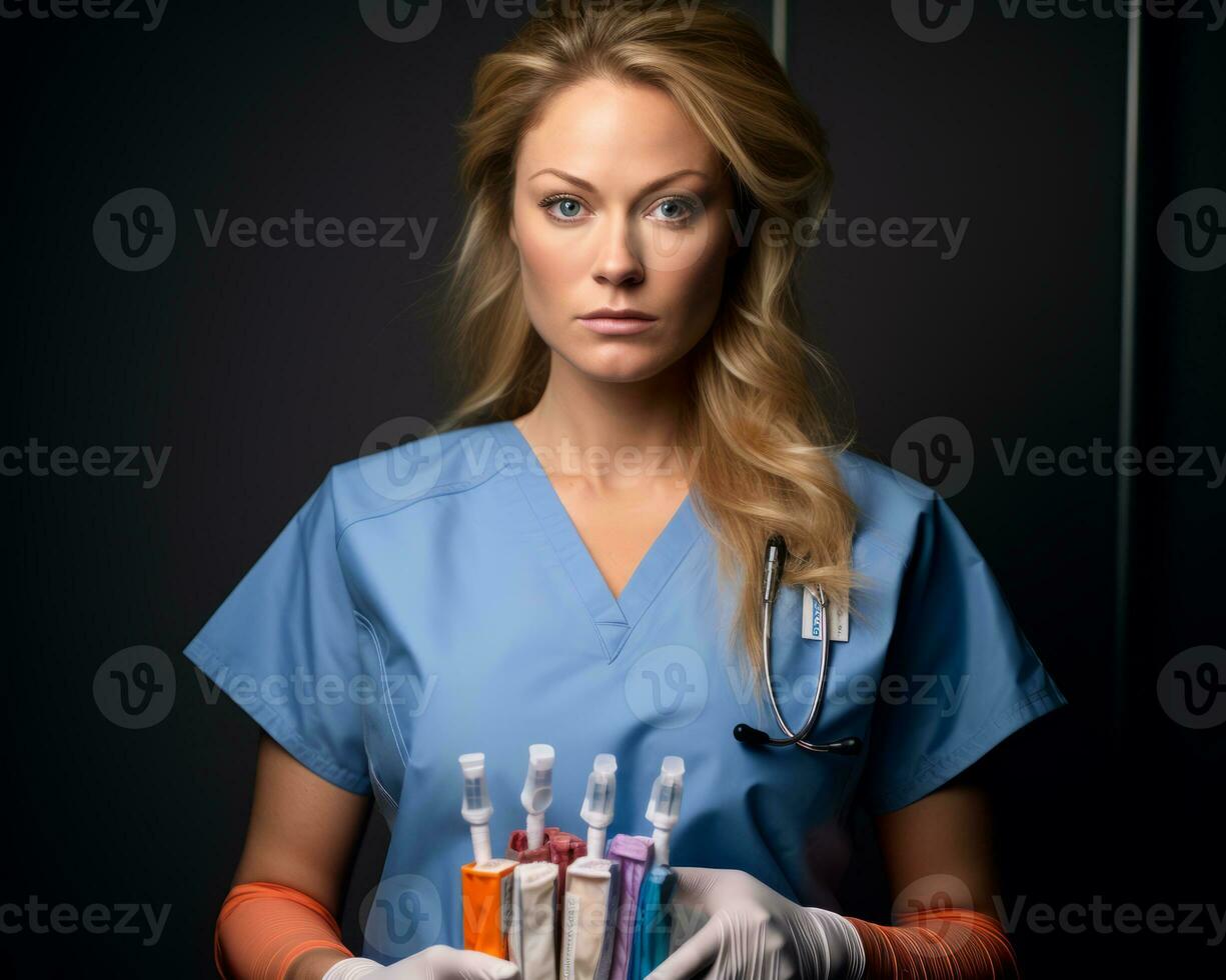 a woman in scrubs holding several syringes generative ai photo
