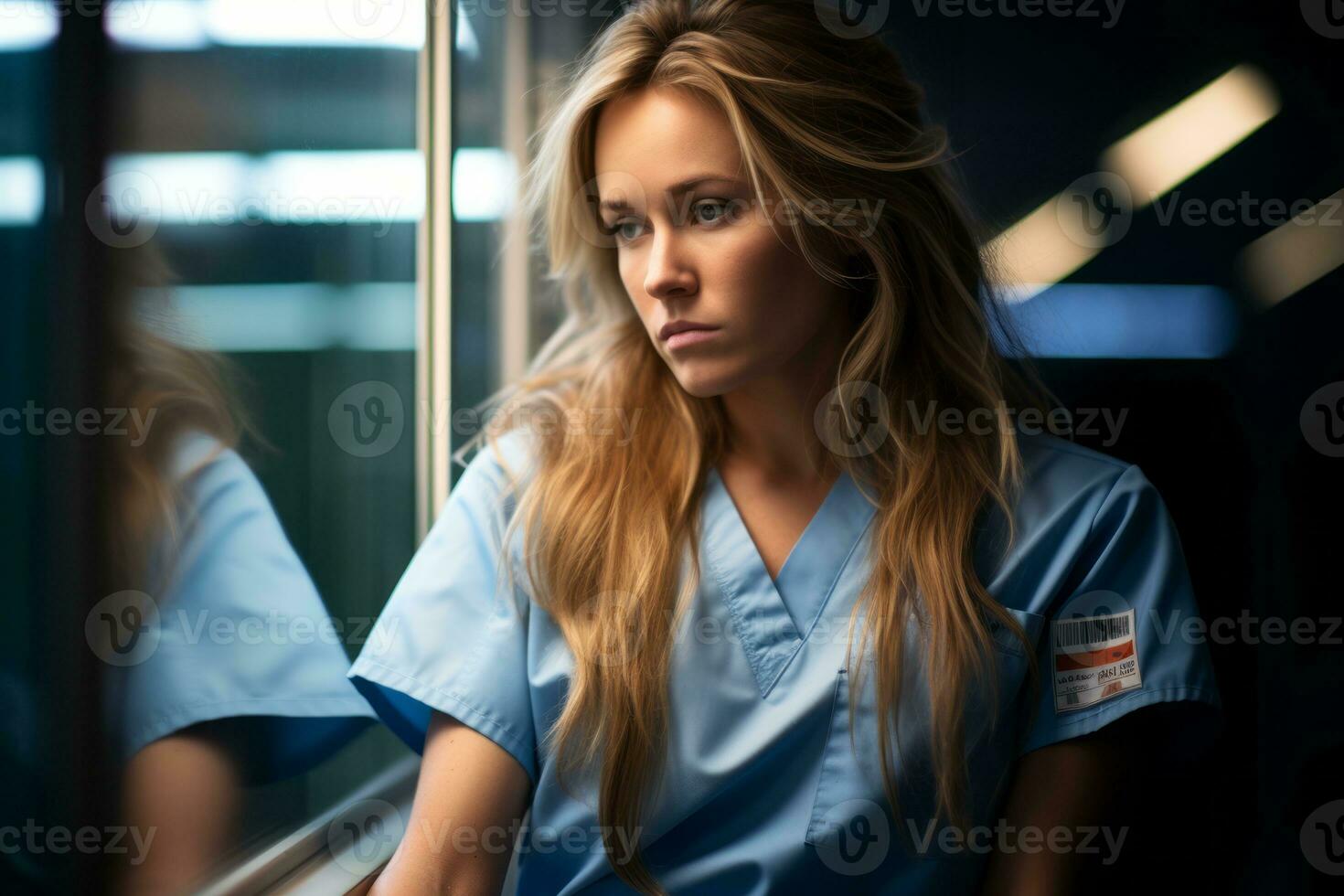 a woman in scrubs looking out the window generative ai photo