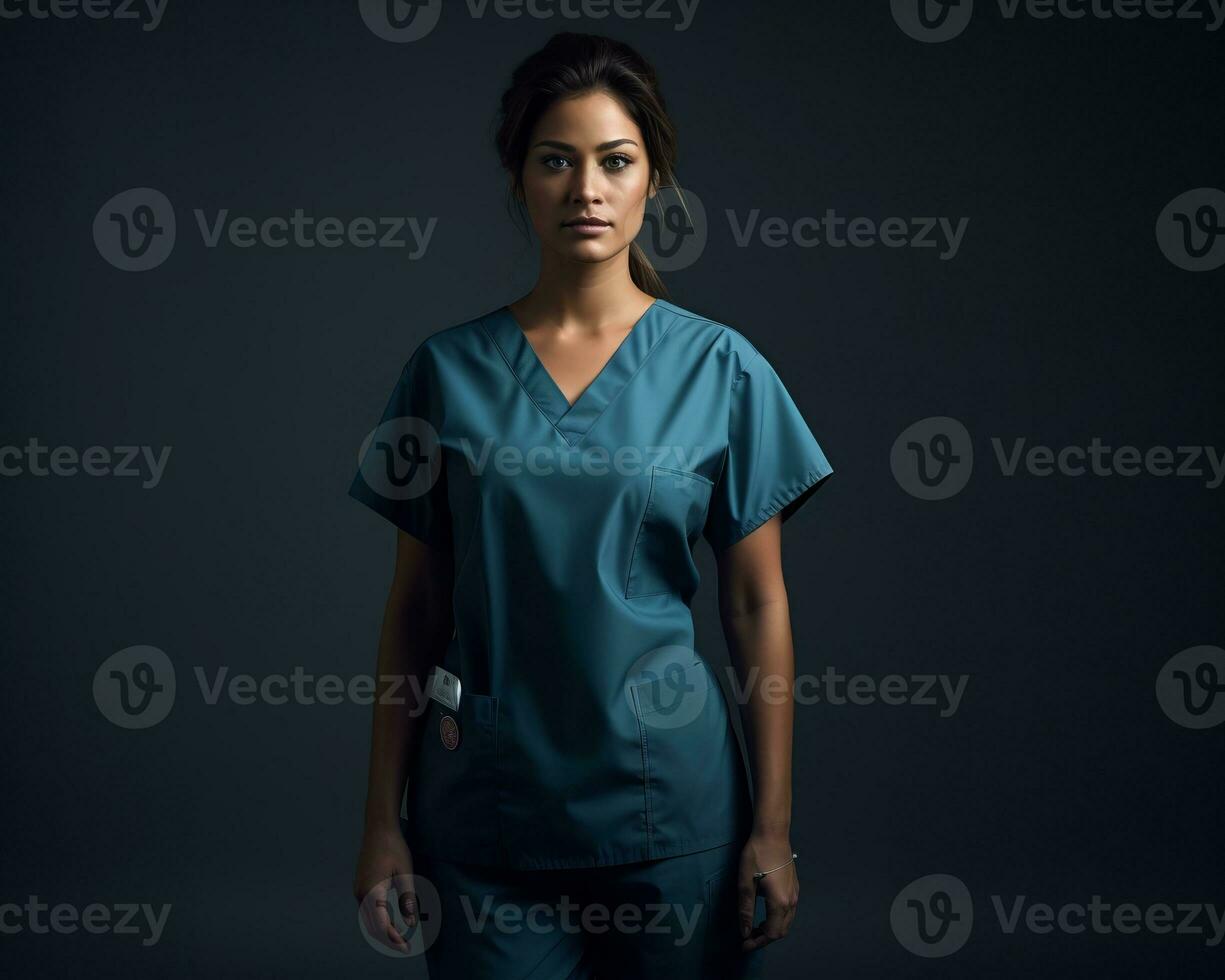 a woman in scrubs standing in front of a dark background generative ai photo