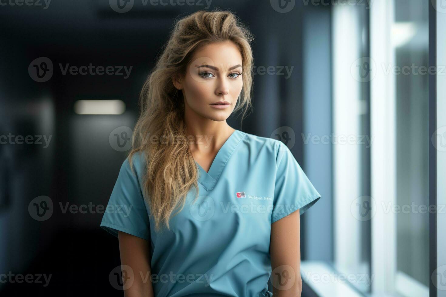 a woman in scrubs standing in front of a window generative ai photo