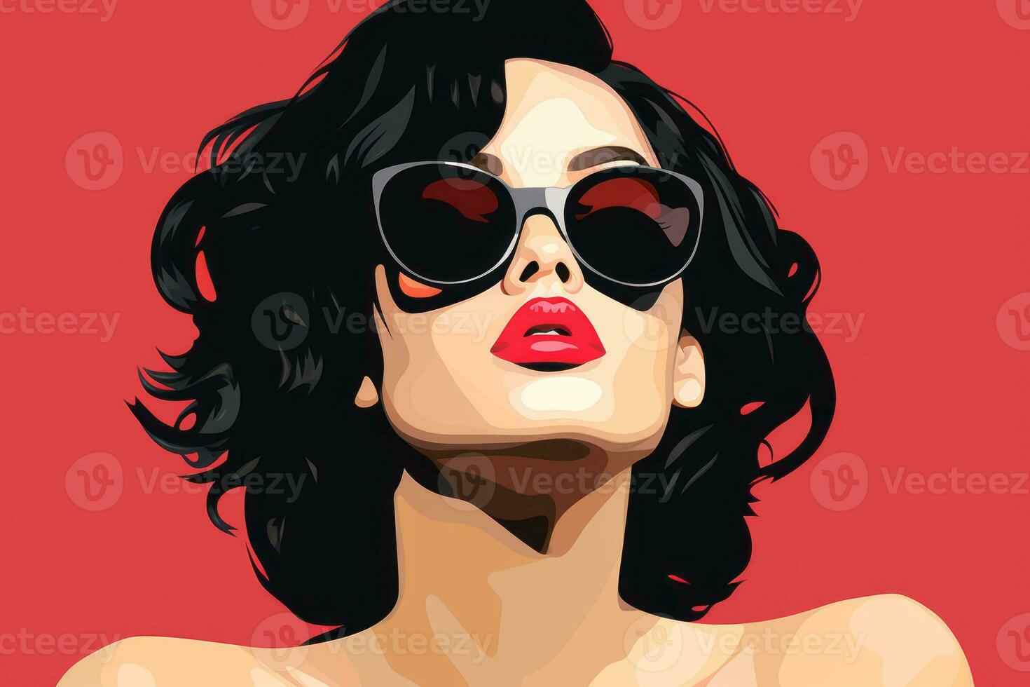 a woman in sunglasses and red lipstick on a red background generative ai photo