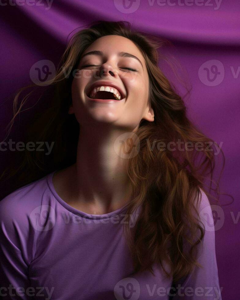 a woman is laughing and smiling in front of a purple background generative ai photo
