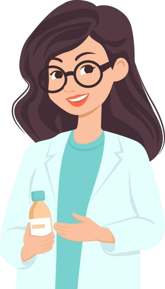 un hembra farmacéutico con un botella de medicina en su mano. vector ilustración