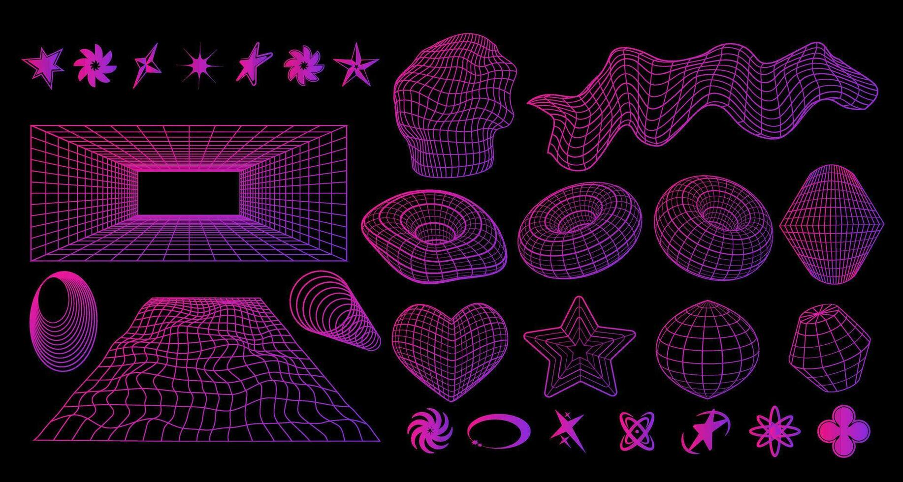 Geometry wireframe 3d shapes and grids.  Cyberpunk y2k set in neon pink color. Vector illustration