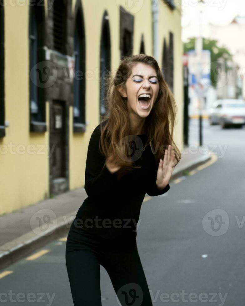 a woman is laughing while standing on the street generative ai photo