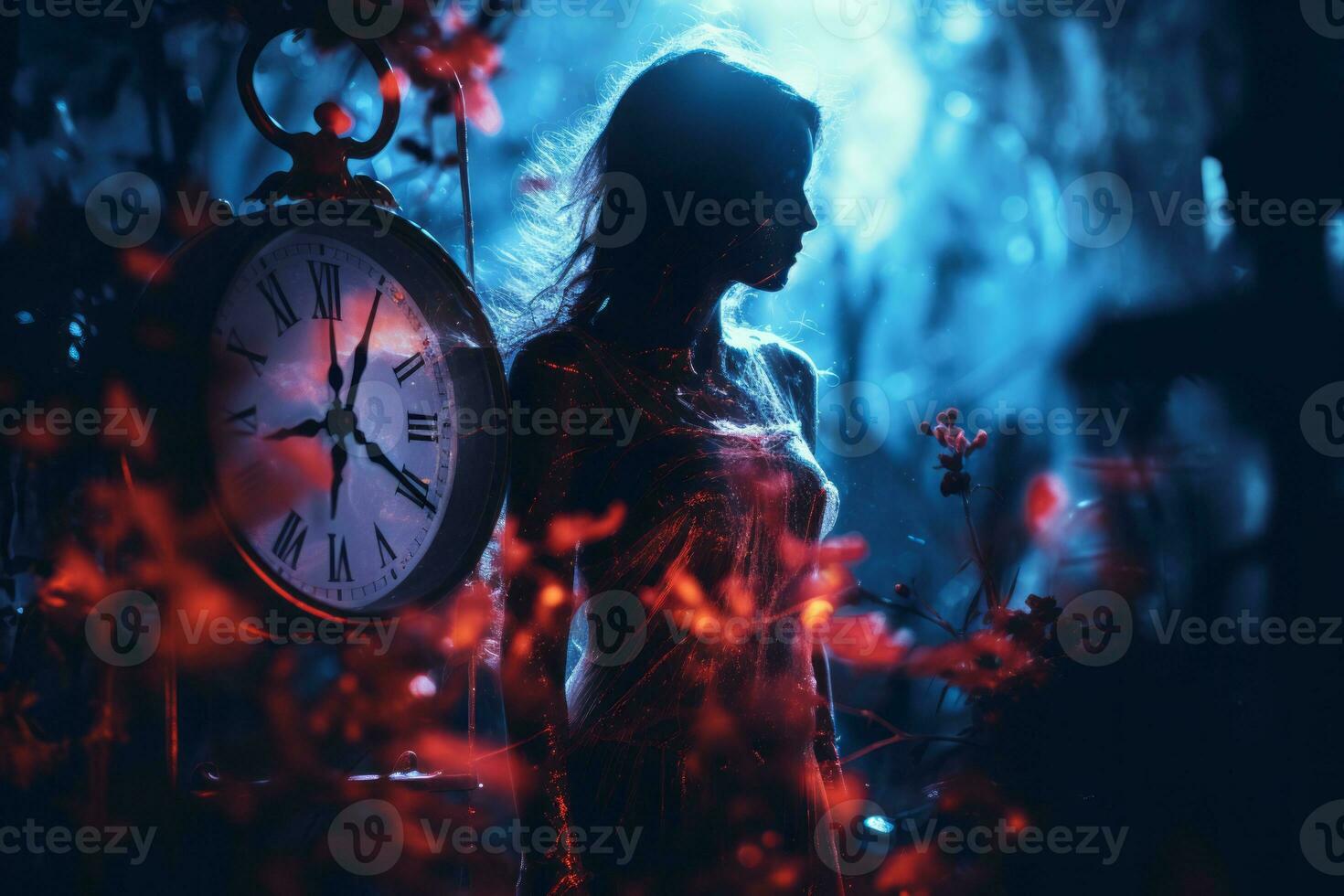 a woman is standing in front of a clock in the dark generative ai photo