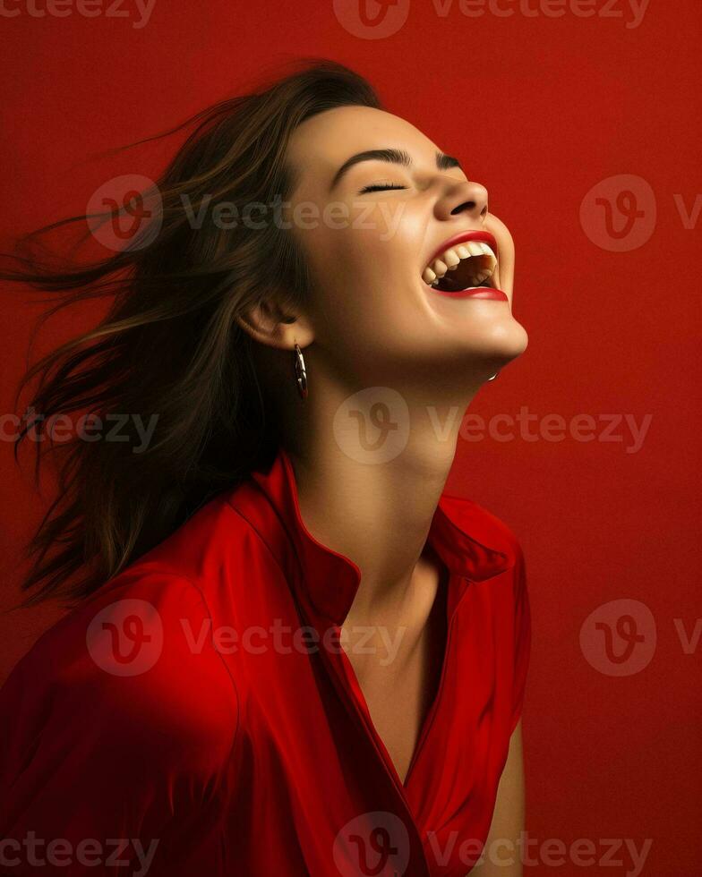 a woman laughing in a red dress against a red background generative ai photo