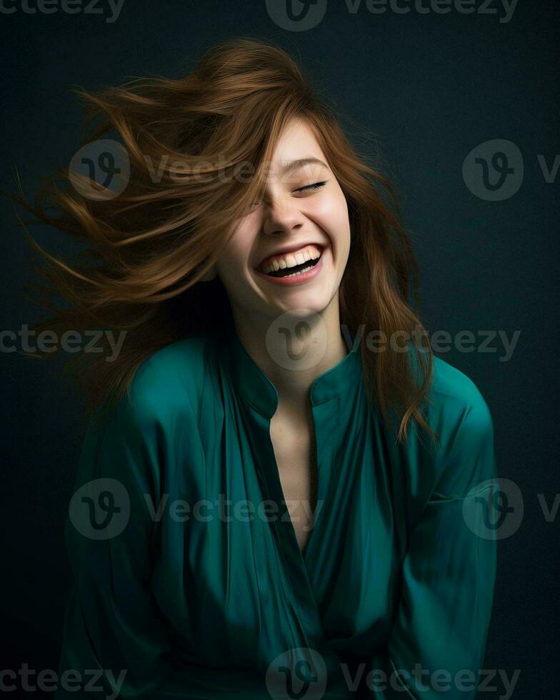 a woman laughing with her hair blowing in the wind generative ai photo