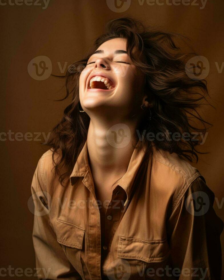 a woman laughing while wearing a brown shirt generative ai photo
